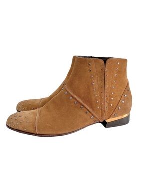 Lanvin Studded Camel Tan Suede Flat Chelsea Boots, *French* Size 38